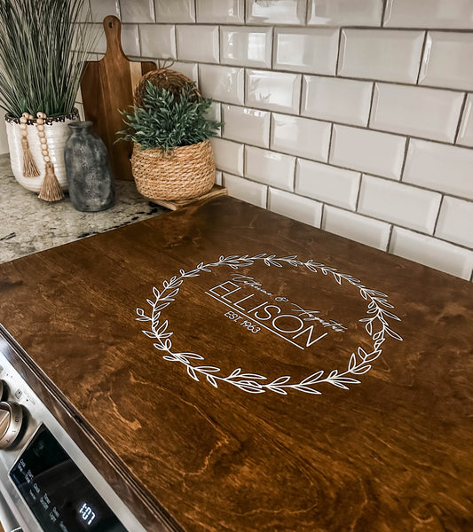 Personalized Wedding/Anniversary Stove Cover, Warm Brown + White Script "Ellison"