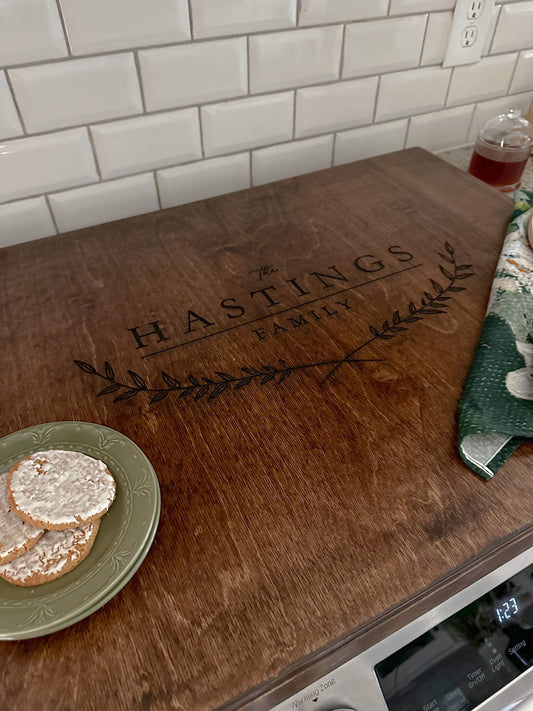 Personalized Family Name Stove Cover, Warm Brown + Dark Script "Hastings"