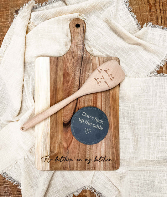Gift set cutting board, wooden spoon, slate coaster kitchen humor
