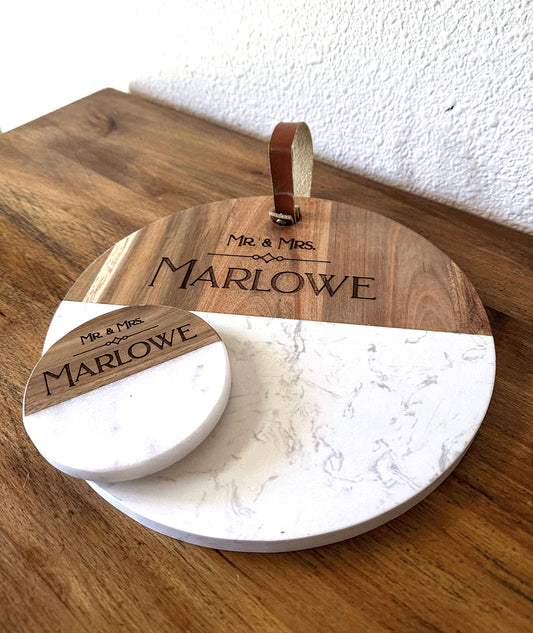 Engraved Marriage/Anniversary Wood + Marble Coaster Set