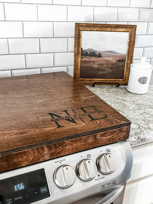 Personalized Monogram Stove Cover, Warm brown + Dark Script "Elizabeth"