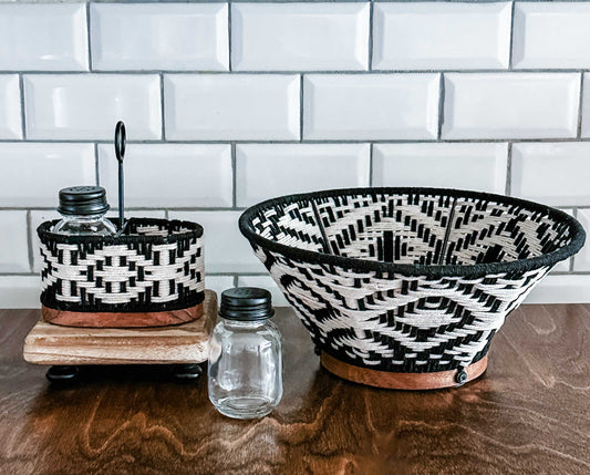 Woven bowl and salt and pepper shaker set