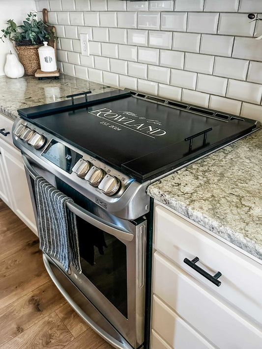 Personalized Last Name Stove Cover, Black Stain + White Script "Rowland"