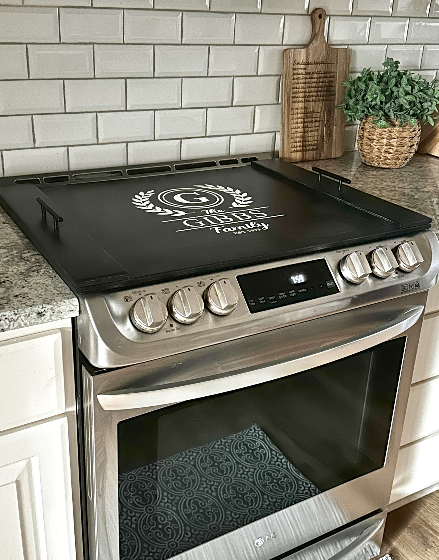 Personalized Last Name Stove Cover, Black Stain + White Script Gibbs