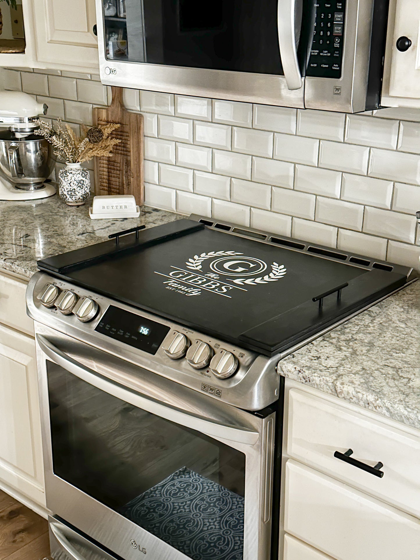 Personalized Last Name Stove Cover, Black Stain + White Script Gibbs