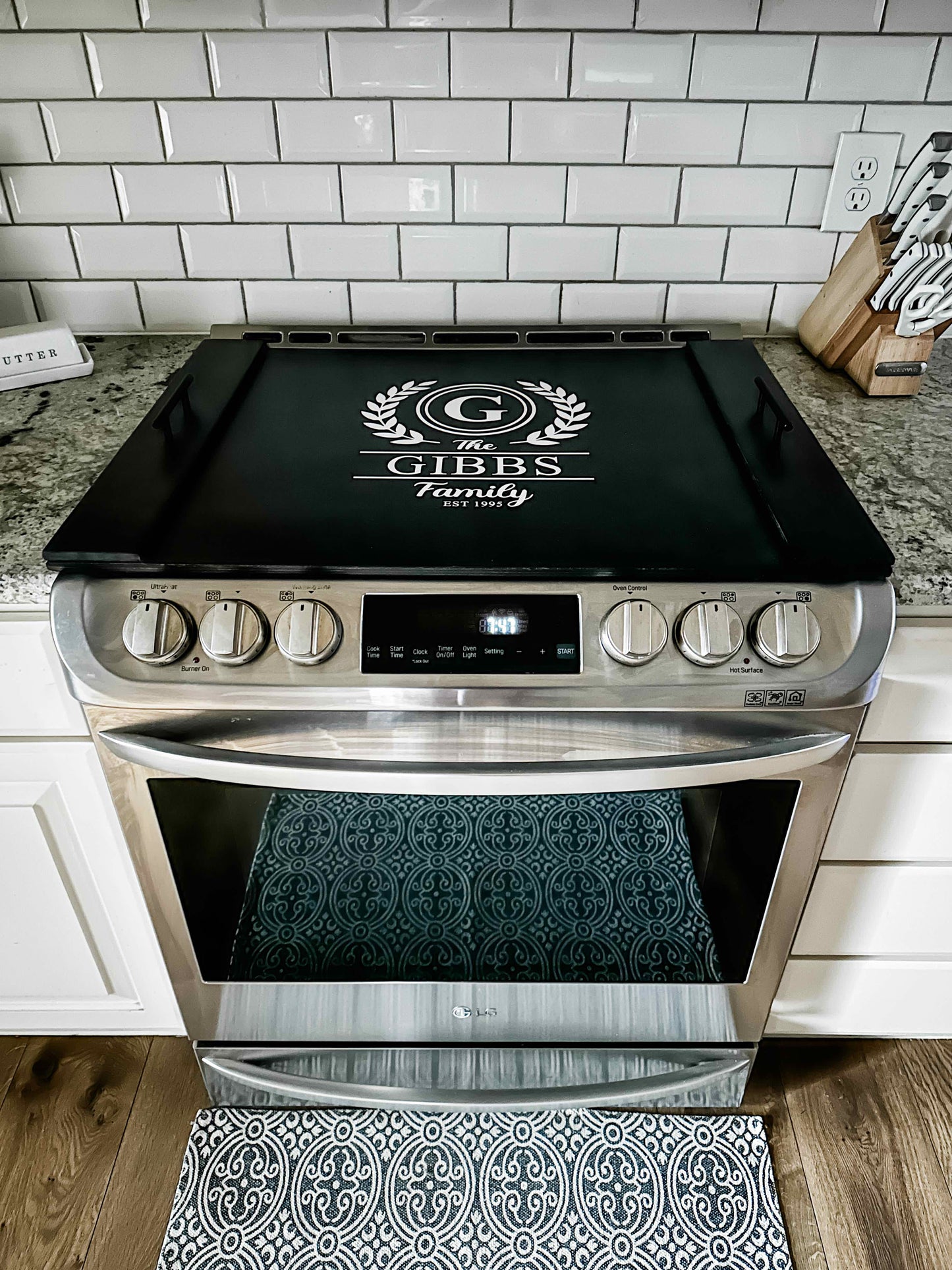 Personalized Last Name Stove Cover, Black Stain + White Script Gibbs