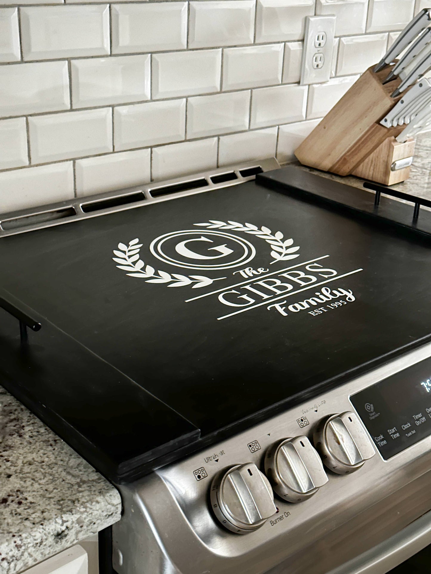 Personalized Last Name Stove Cover, Black Stain + White Script Gibbs