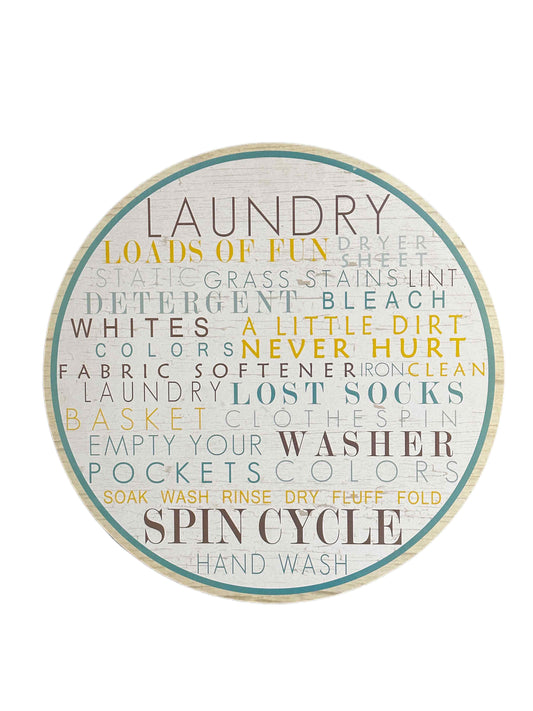 Clearance - Round Laundry Sign in Wood Look and Aqua Colors