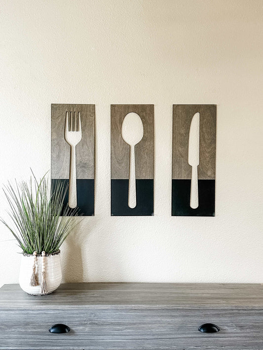 Fork, Knife, & Spoon Wall Hanging, Aged Barrel + Black