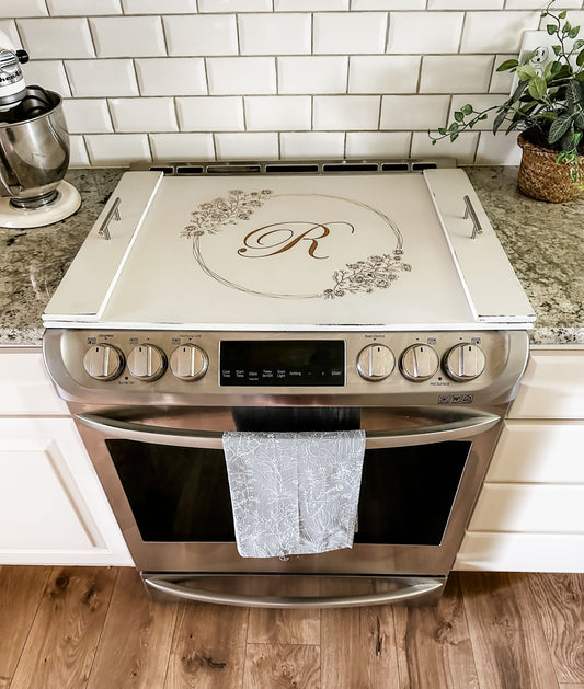 Engraved Monogram Stove Cover, Ivory Distressed "Rosalie"