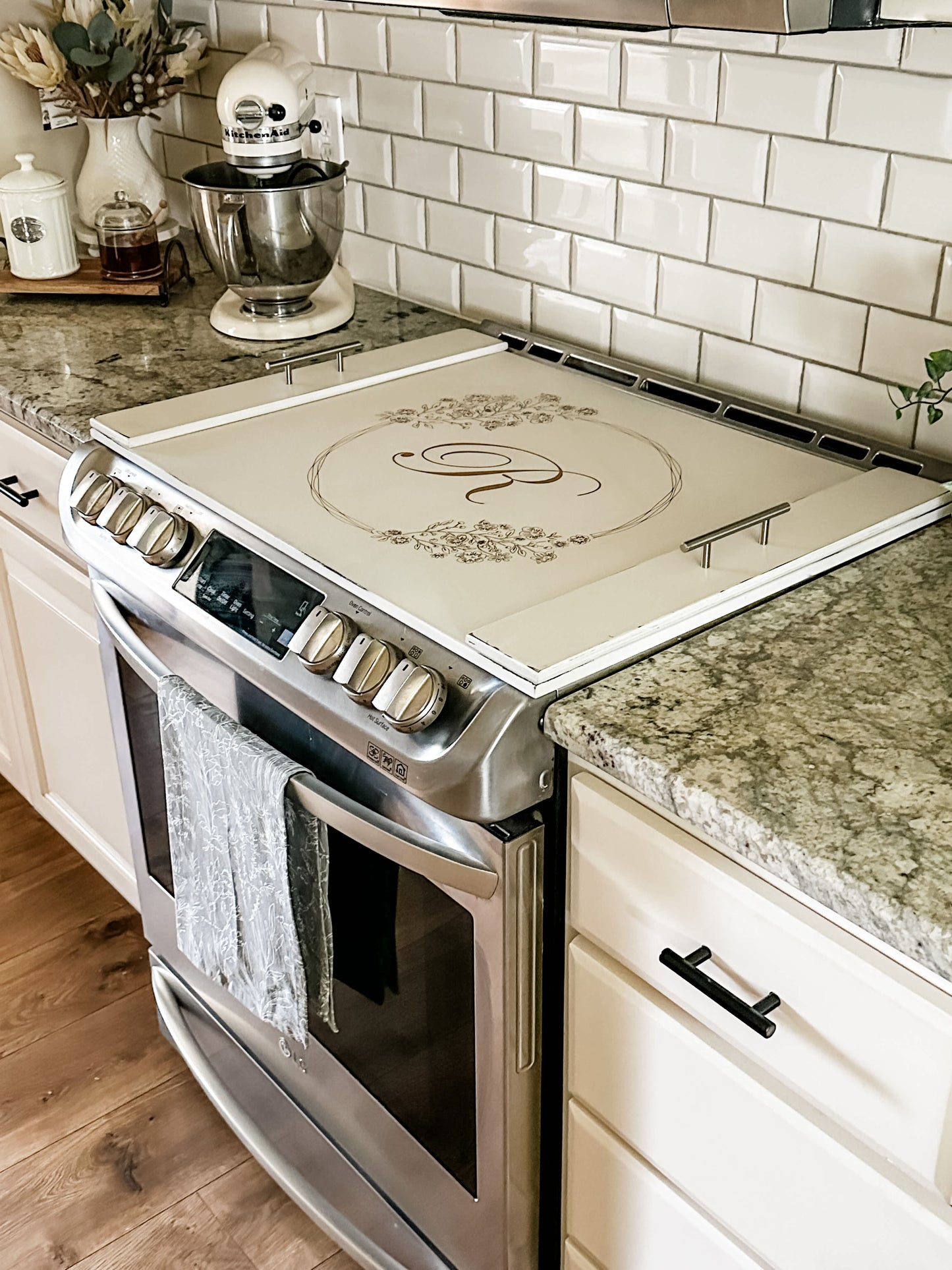 Engraved Monogram Stove Cover, Ivory Distressed "Rosalie"