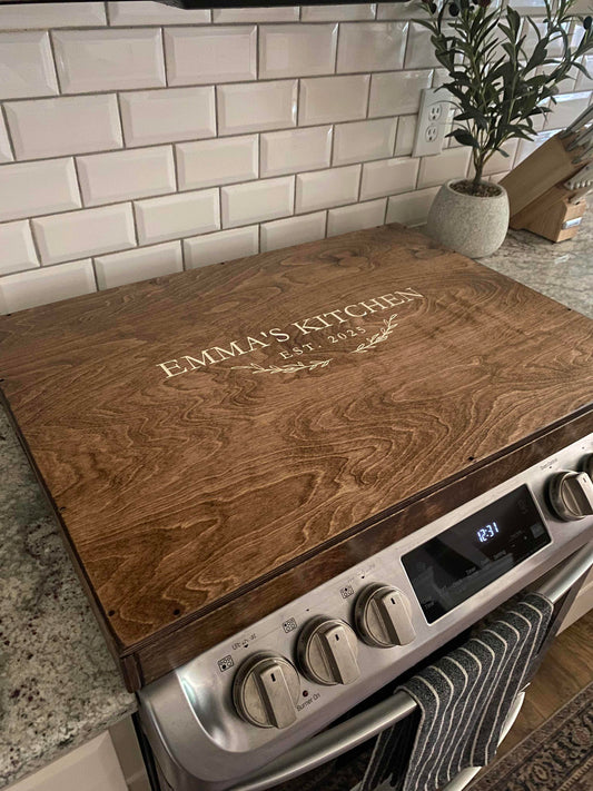 Personalized "Emma's Kitchen" Stove Cover, Warm Brown + Soft White