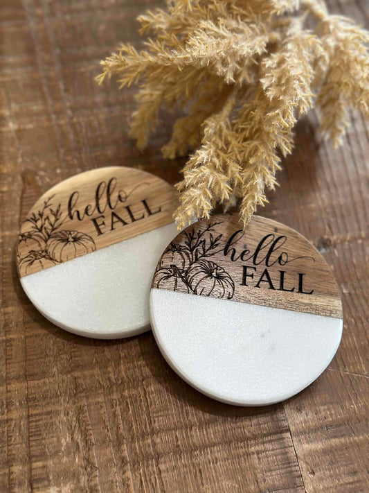 Sunflower Hello Fall Engraved Wood + Marble Coaster Set