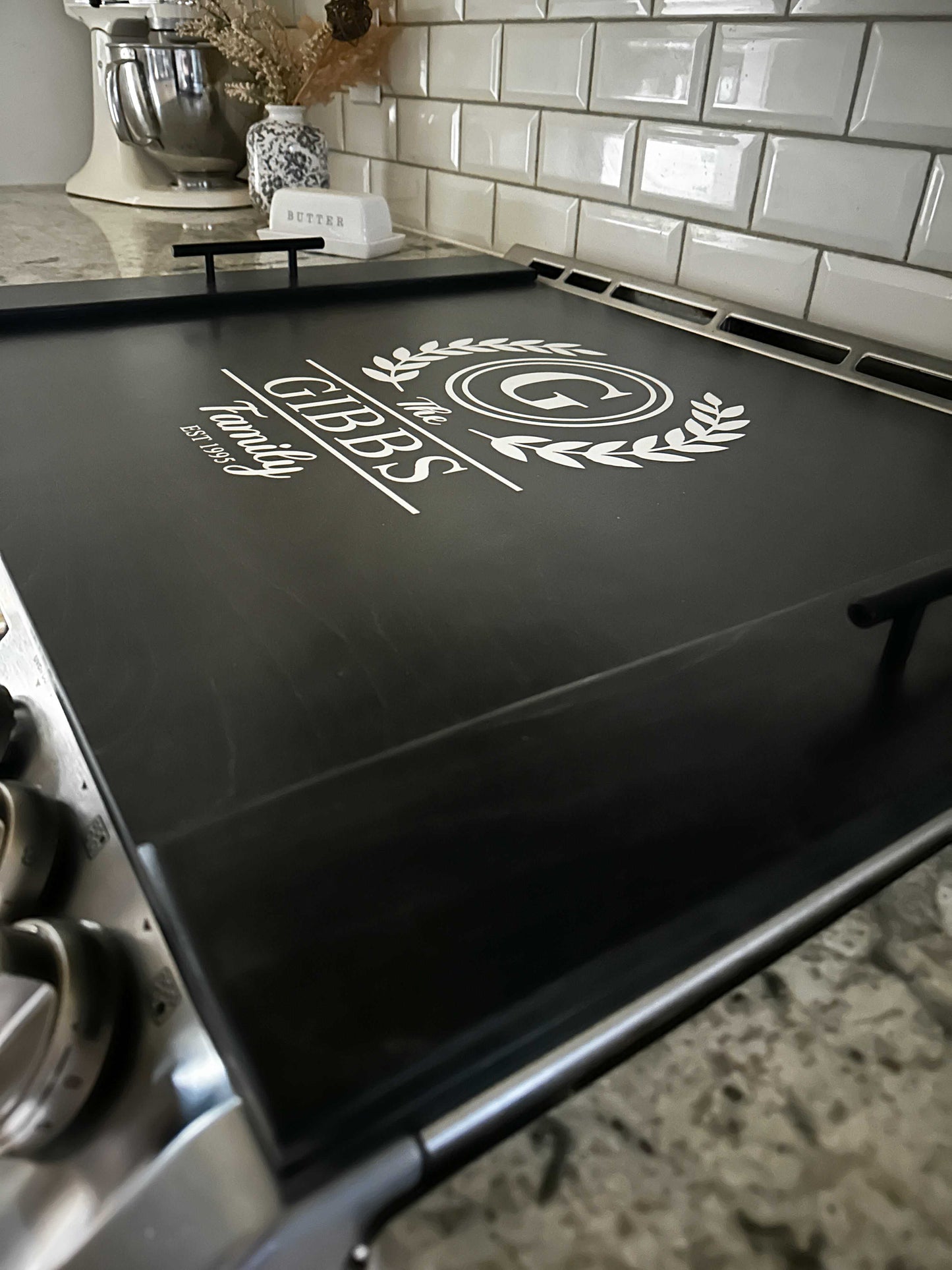 Personalized Last Name Stove Cover, Black Stain + White Script Gibbs