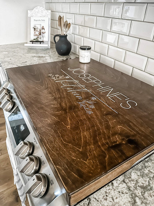 Personalized Floral Accent Stove Cover, Warm Brown + White Script "Josephine"