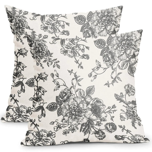 Vintage Floral Dark Grey and Cream Floral Pillow Covers 18x18 Inch Set of 2
