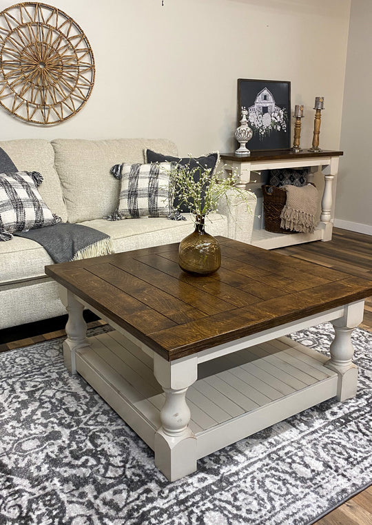 Baluster Distressed Farmhouse Style Table with a Warm Brown Stained Top