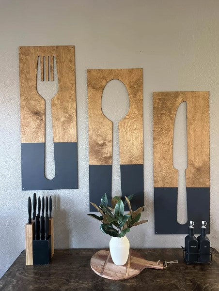 Fork - spoon - knife wall decor, utensil, wall hanging -black and stain