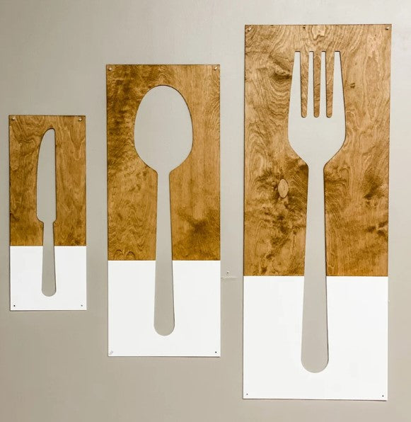 Fork - spoon - knife wall decor, utensil, wall hanging -white and stain