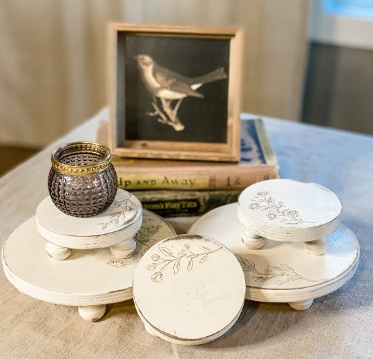 Ivory Tabletop Riser Engraved Floral Accent Riser Set, Distressed Ivory – Josephine Thomas Home