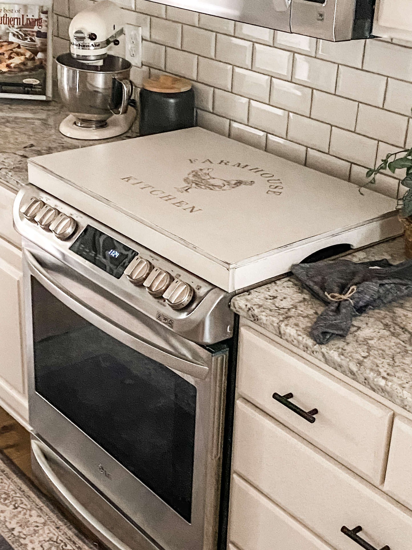 "Farmhouse Kitchen" Stove Cover, Ivory Distressed