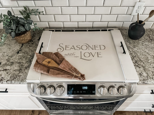 Seasoned with Love Ivory Distressed Noodle Board Stove Cover