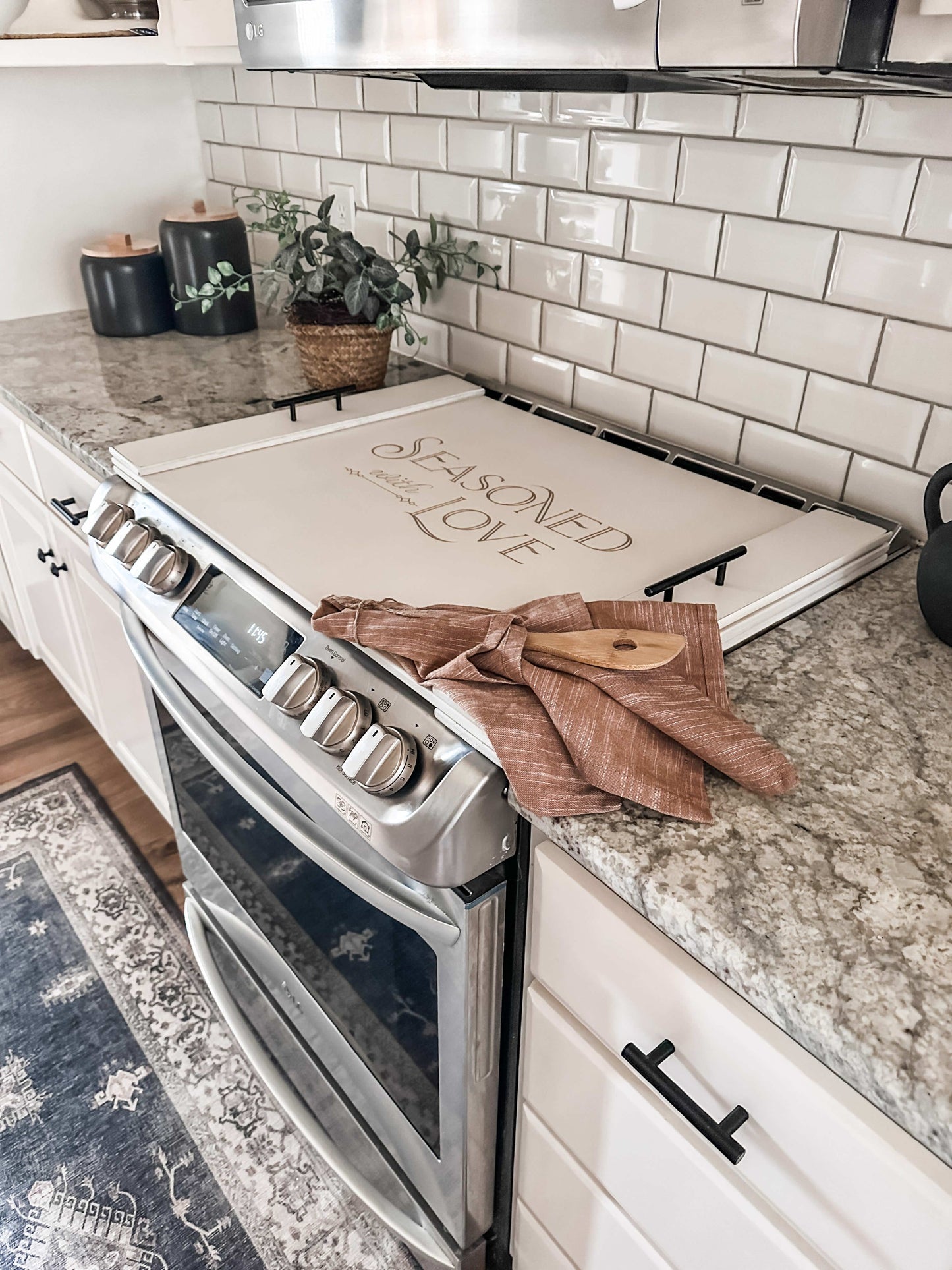 Seasoned with Love Ivory Distressed Noodle Board Stove Cover