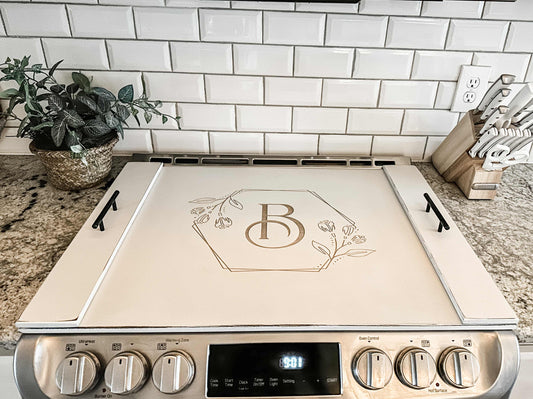 Personalized Initial Stove Cover + Floral Accent, Ivory Distressed "Brillion"