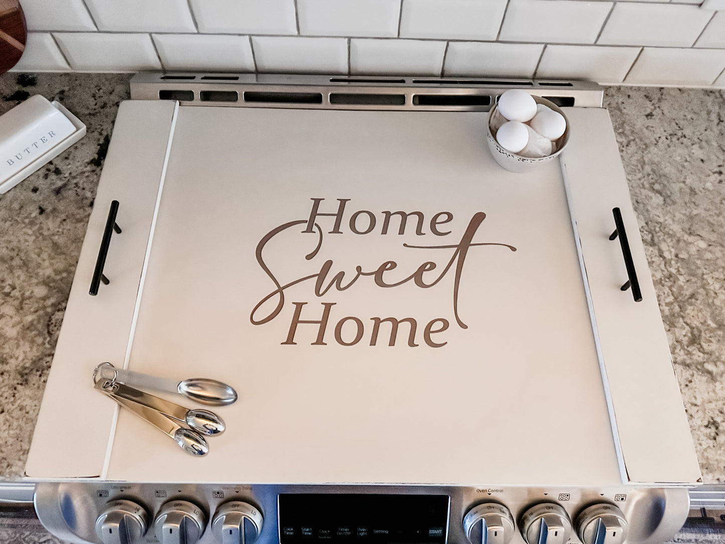 Ivory Distressed Home Sweet Home Stove Cover