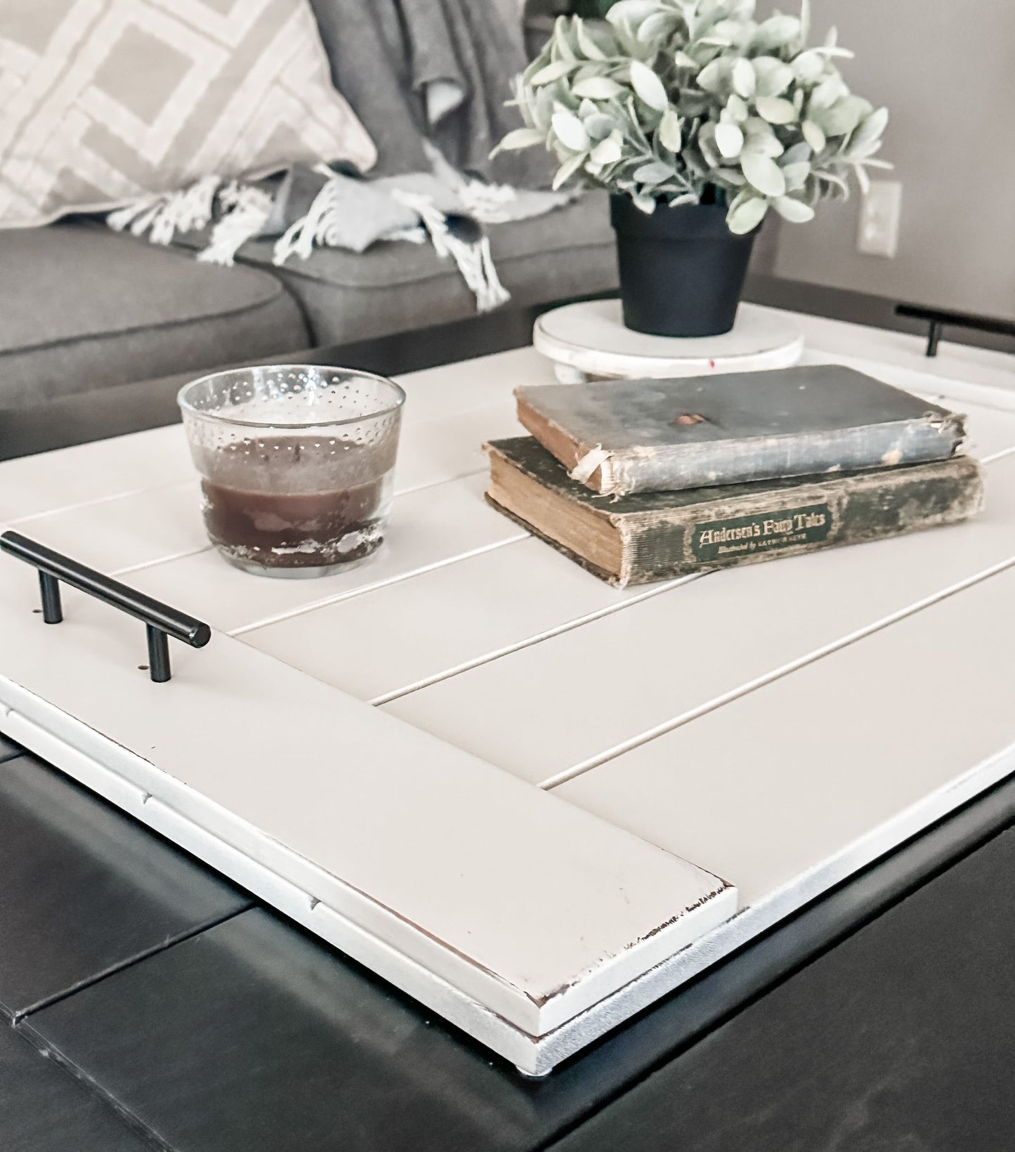 Ivory Distressed Slatted Ottoman Tray