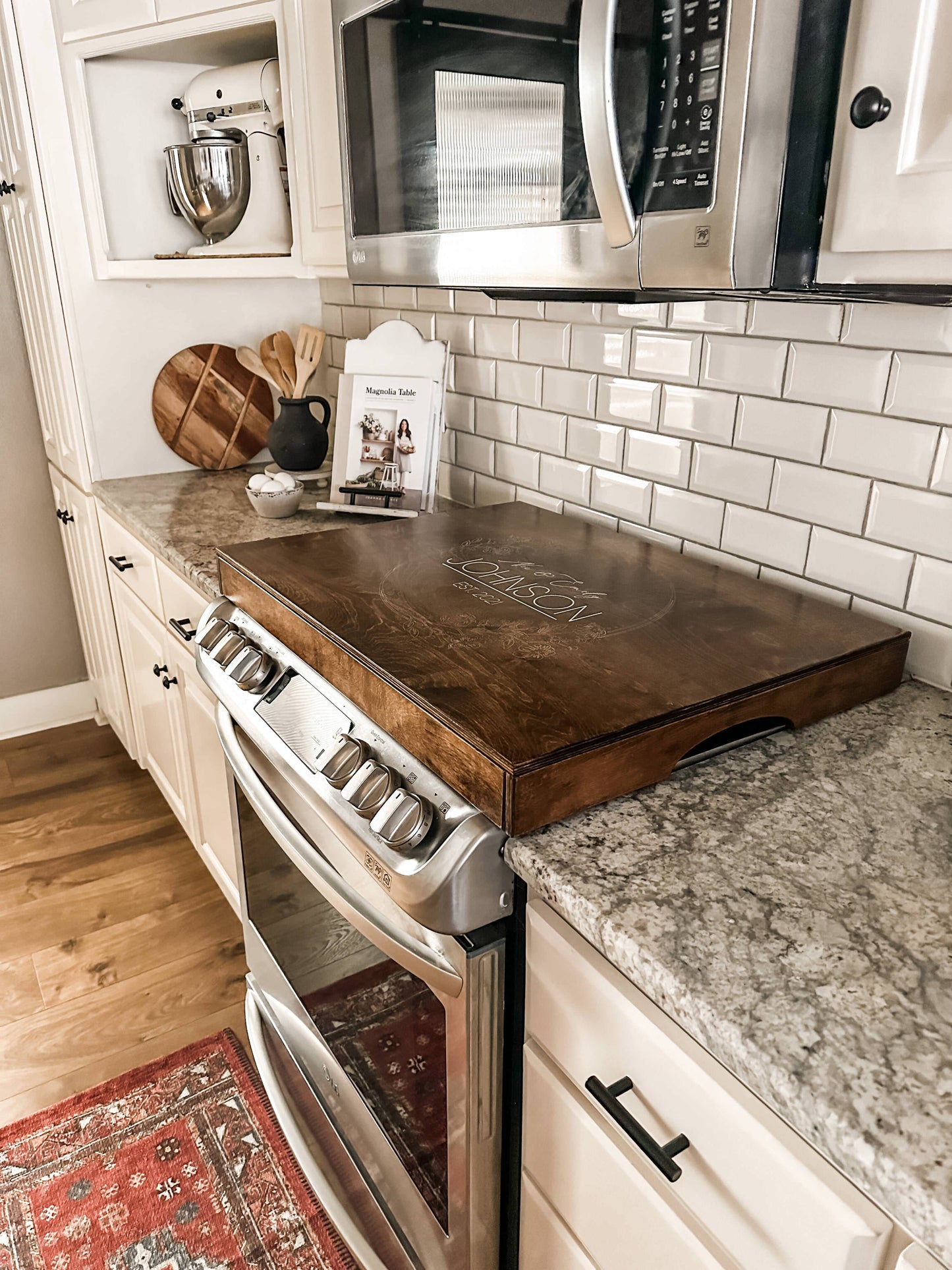 Personalized Wedding/Anniversary Stove Cover, Warm Brown + White Script