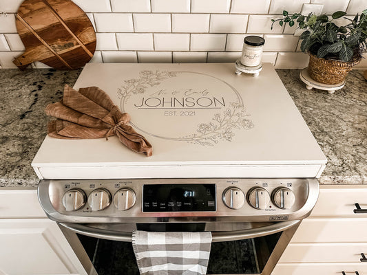Personalized Wedding/Anniversary Stove Cover, Ivory Distressed