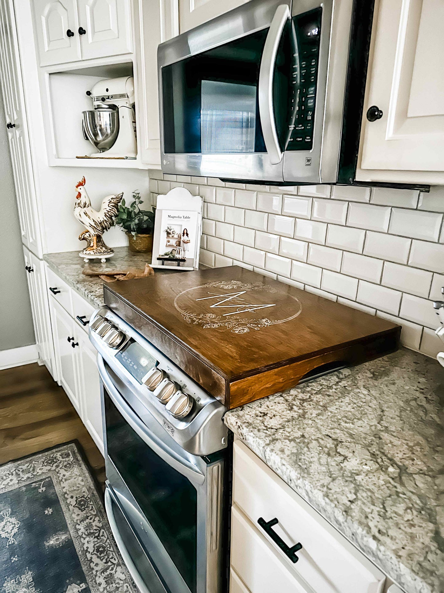 Personalized Monogram Stove Cover, Warm brown + White Script "McKee"