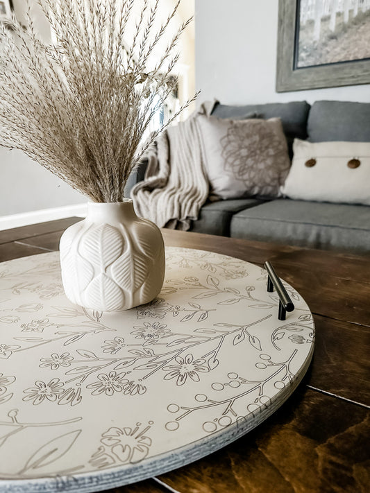 Engraved Floral Pattern Ottoman Tray, Distressed Ivory