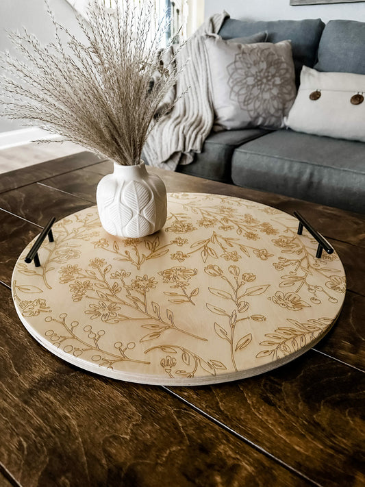 Engraved Floral Ottoman Tray, Natural Wood