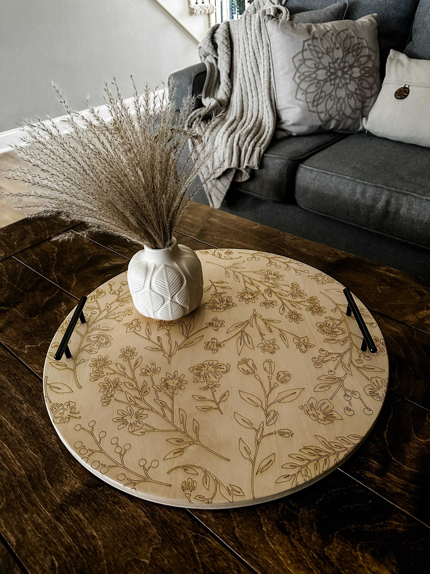 Engraved Floral Ottoman Tray, Natural Wood