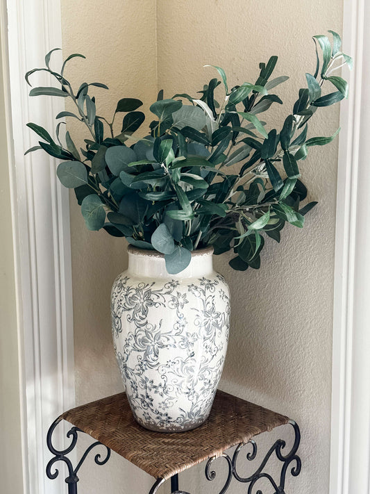 Gray and Cream Large Floral Vintage Vase