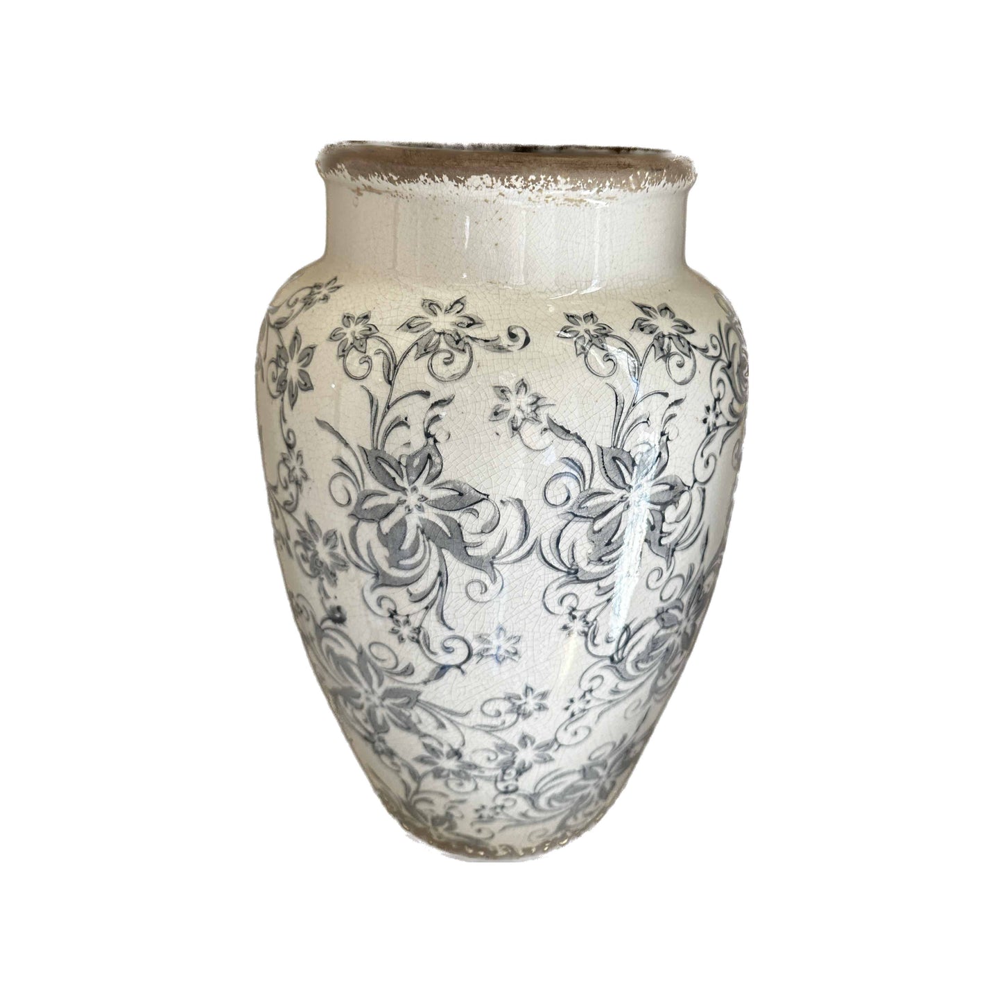 Gray and Cream Large Floral Vintage Vase