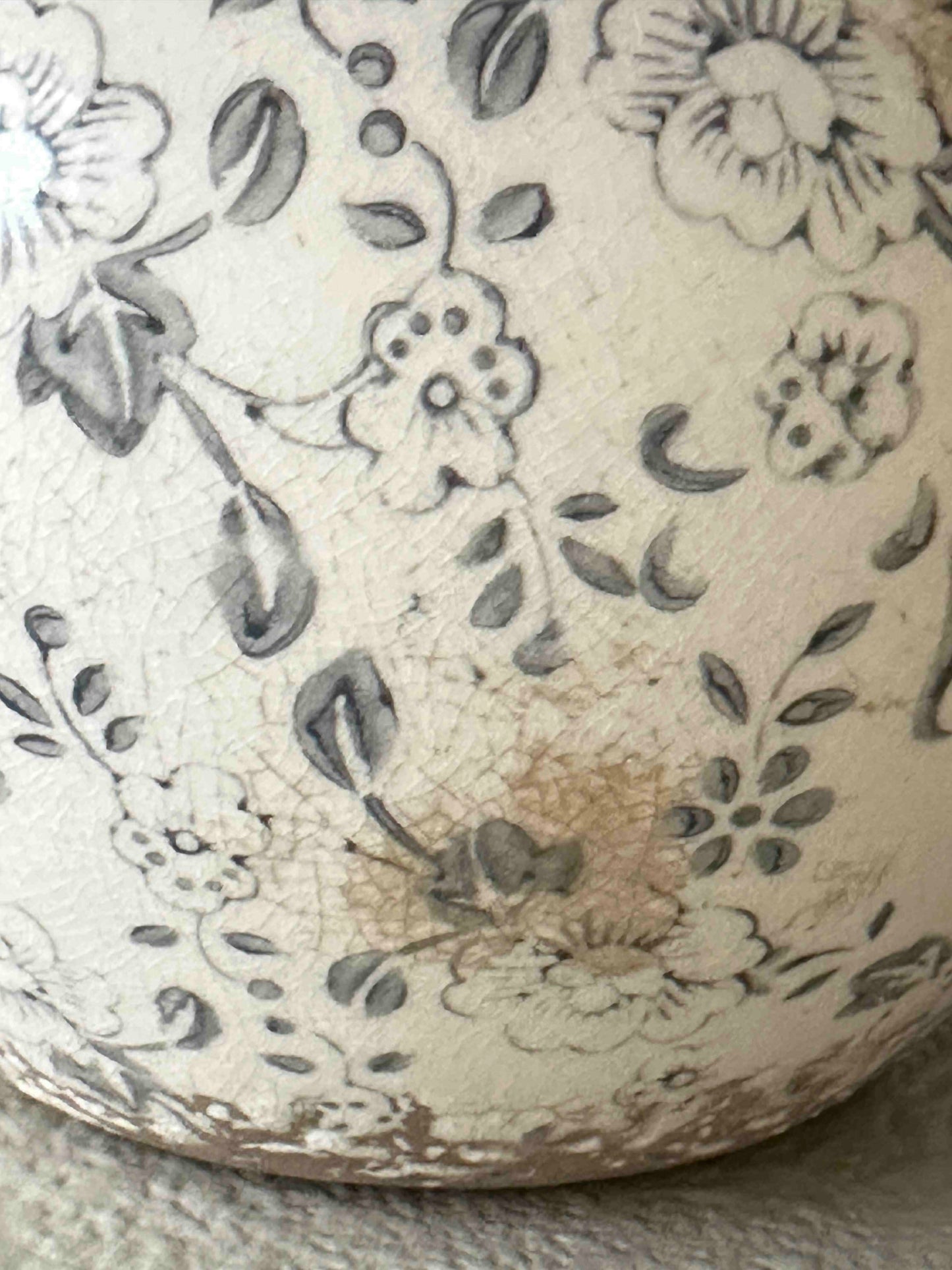 Short Gray and Cream Floral Vintage Vase