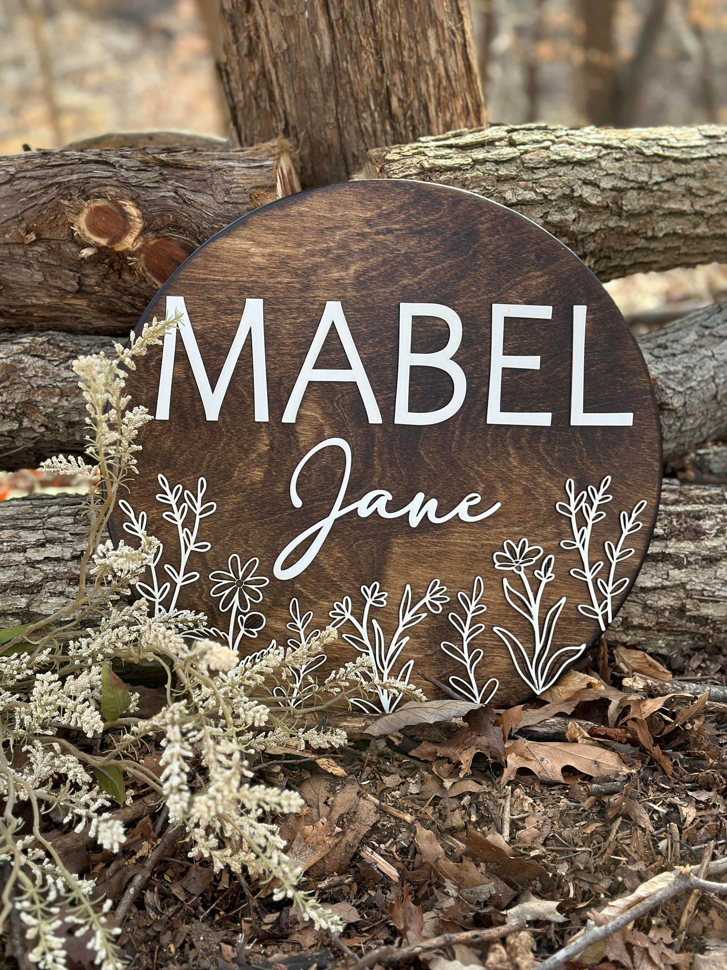 Engraved Floral Baby Name Sign, "Mabel"