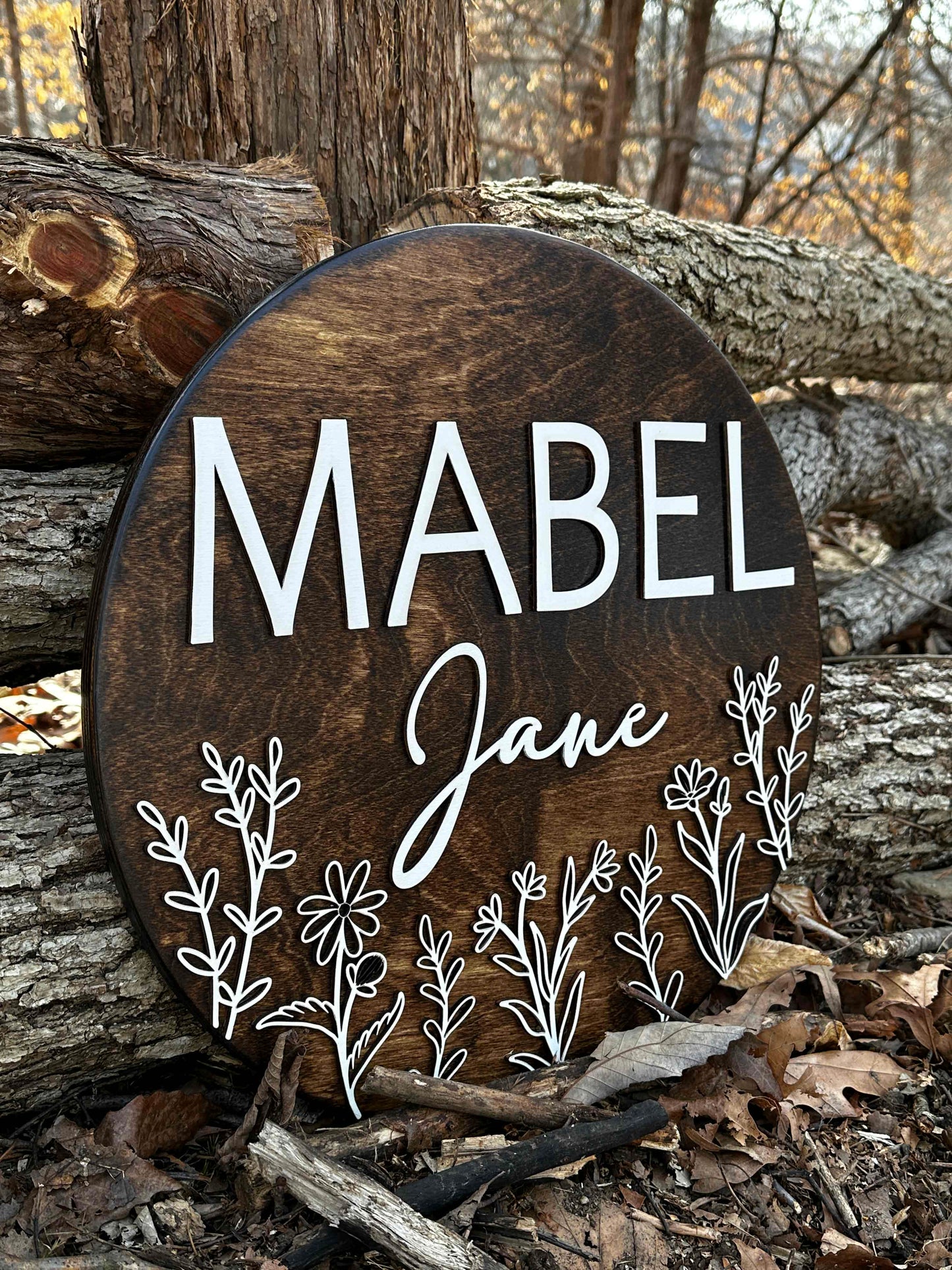 Engraved Floral Baby Name Sign, "Mabel"