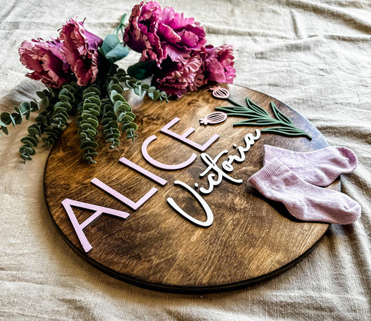 Engraved Birth Flower Baby Name Sign, "Alice"