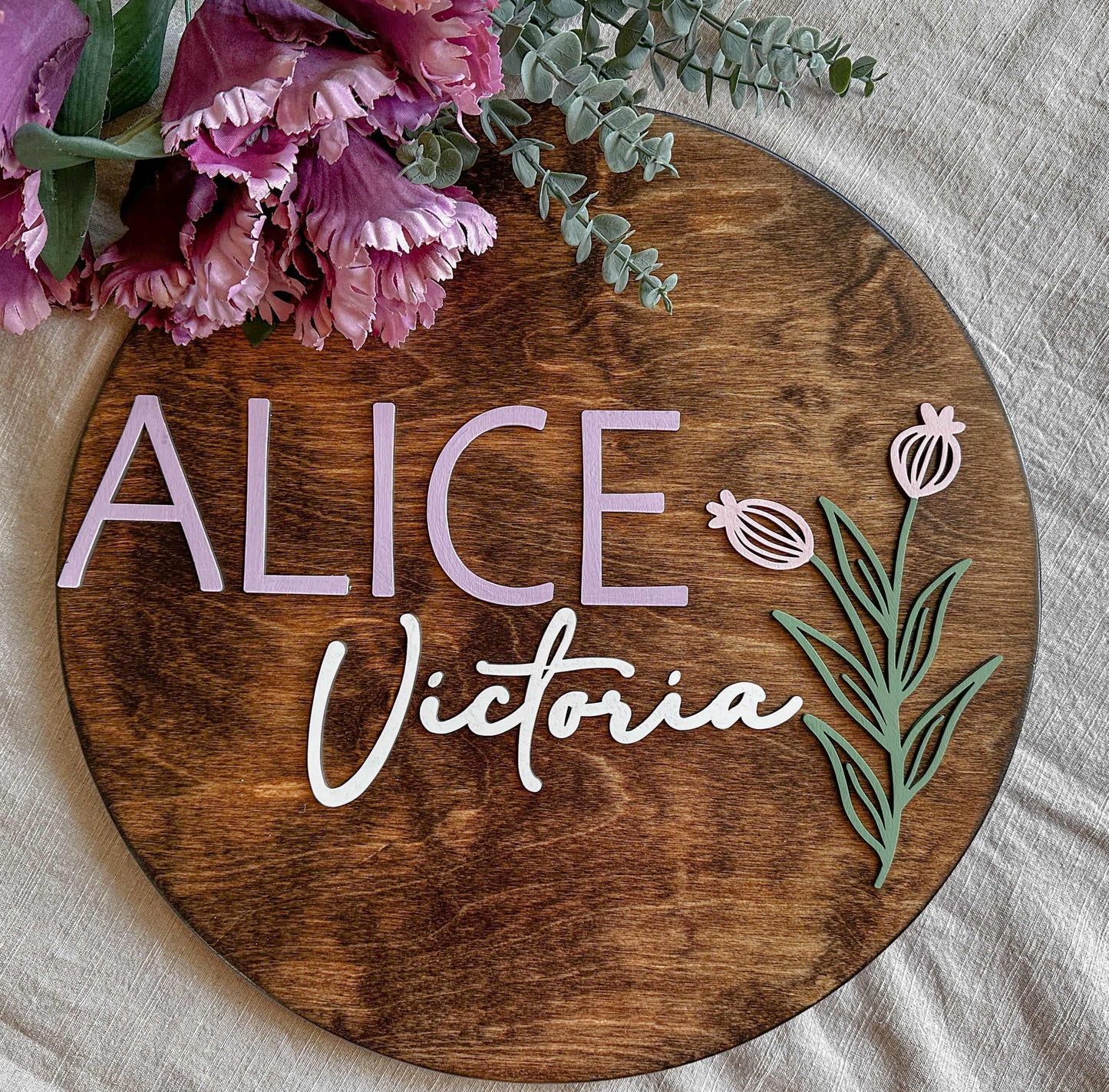 Engraved Birth Flower Baby Name Sign, "Alice"