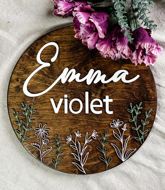 Engraved Floral Baby Name Sign, "Emma"