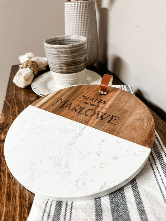 Engraved "Mr. & Mrs." Cutting Board, Wood + Marble