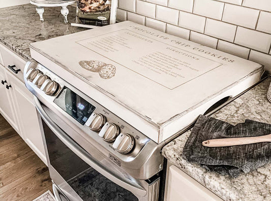 Chocolate Chip Cookie Recipe Stove Cover, Ivory Distressed