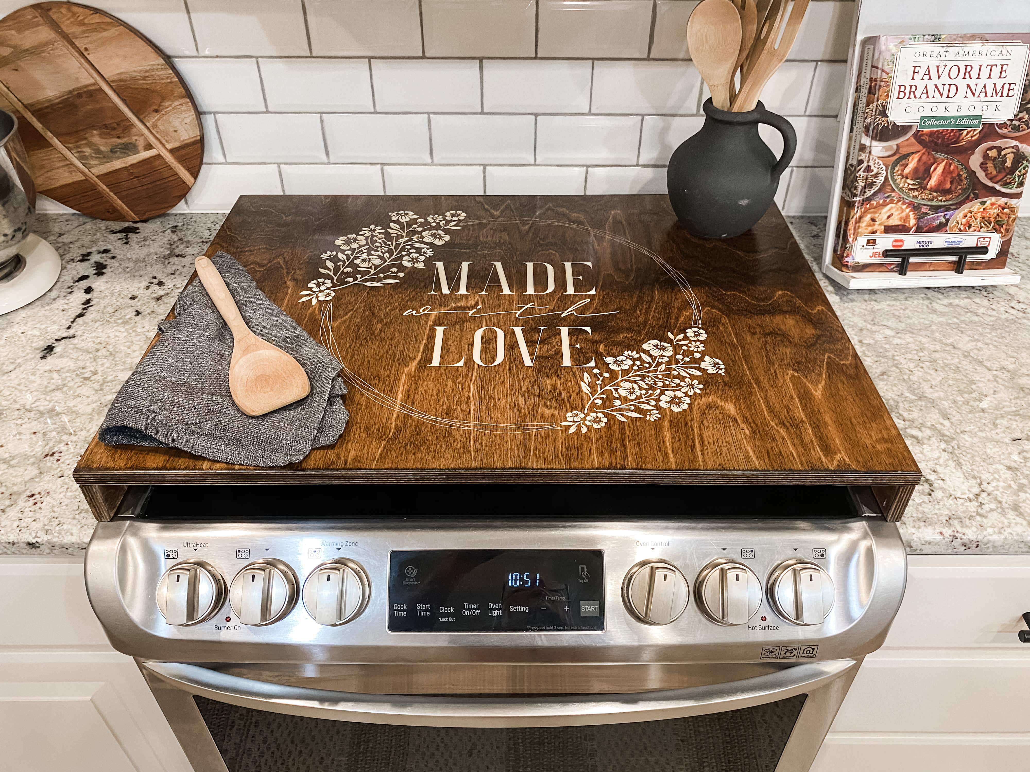 Custom handmade stove top cover - Wooden cover -Funny sayings for kitchen - Serving trays - Last name stove top cover - Monogram popular stove top