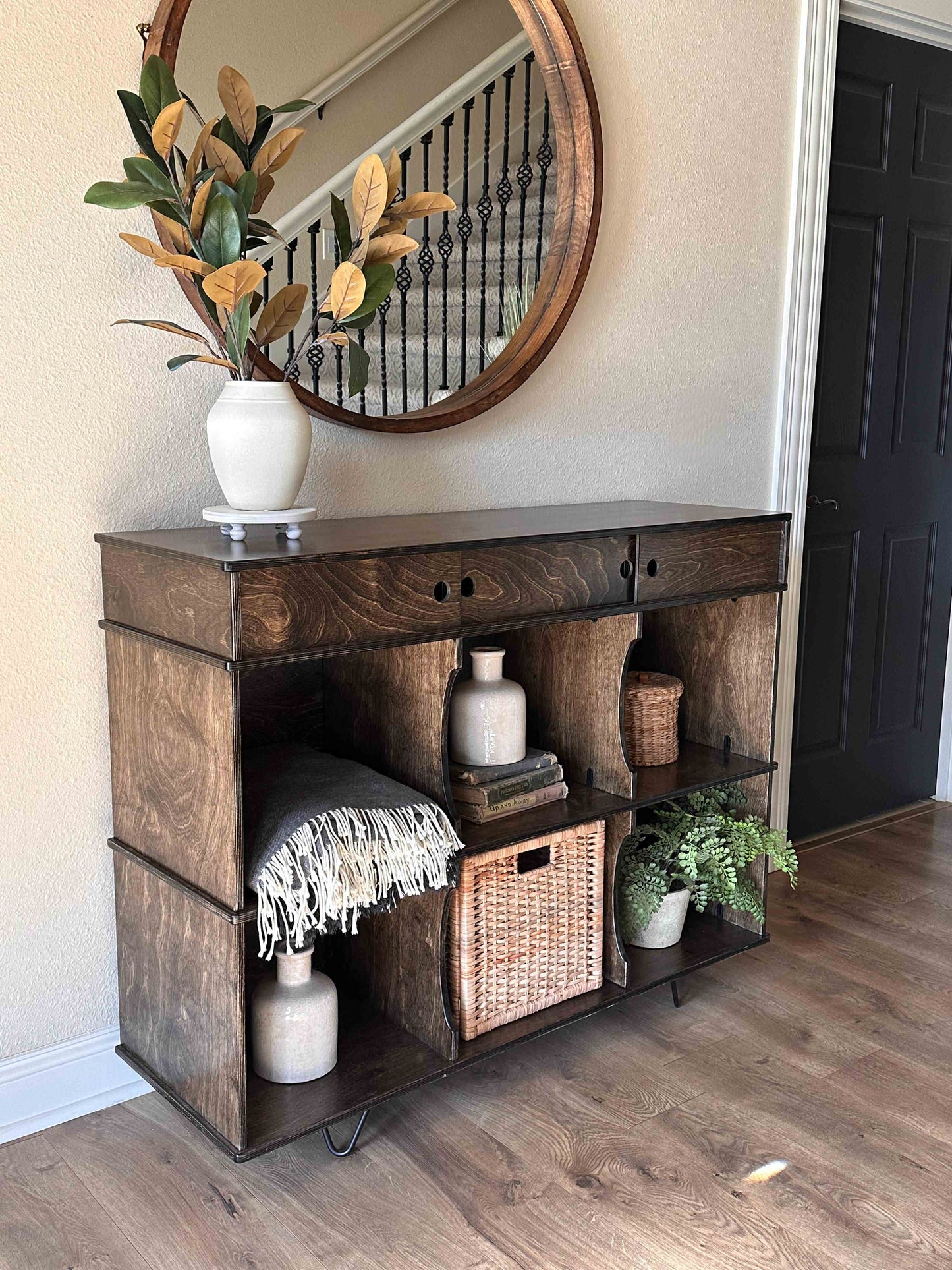 Entryway Credenza with Cubbies in Dark Brown