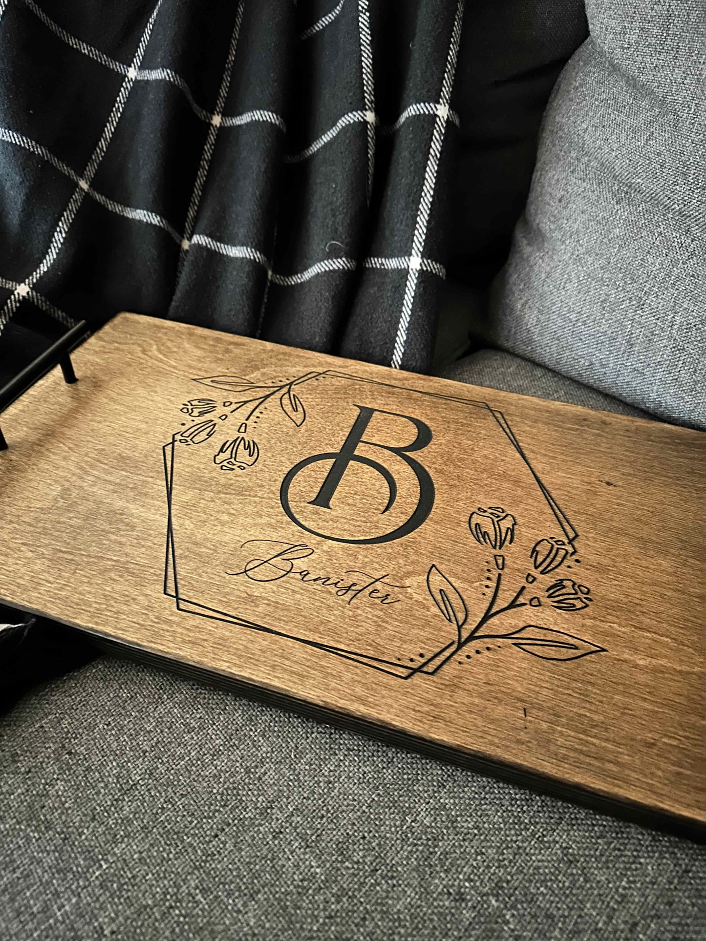 Single Initial and Last Name Tray in Brown Stain Decorative Tray