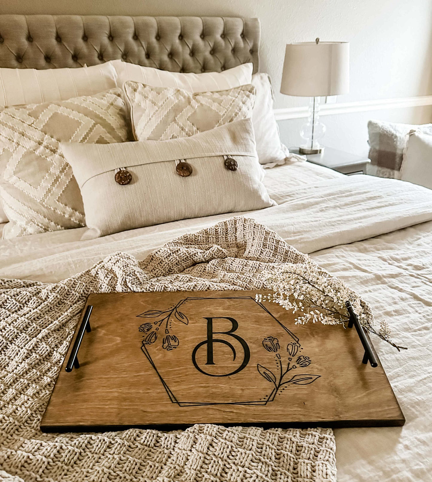 Engraved Floral Monogram Serving Tray, Warm Brown + Black Script